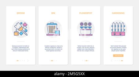 Household equipment for work in home garden vector illustration. UX, UI onboarding mobile app page screen set with line gardener tools symbols for gar Stock Vector