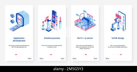 Application creative development vector illustration. UX, UI onboarding mobile app page screen set with cartoon 3d designer people programming, creati Stock Vector