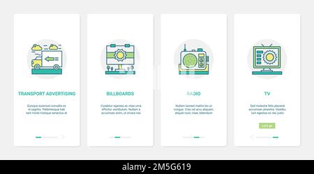 Mass media advertising technology vector illustration. UX, UI onboarding mobile app page screen set with line radio tv advertising on transport billbo Stock Vector