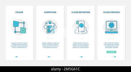 Cloud computing technology, remote access vector illustration. UX, UI onboarding mobile app page screen set with line sync folders and data documents, Stock Vector