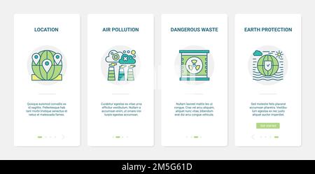 Protect ecology planet from pollution vector illustration. UX, UI onboarding mobile app page screen set with line industry pollutes air, earth with da Stock Vector