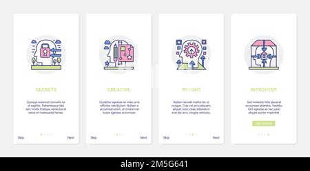 Mind creative process psychology vector illustration. UX, UI onboarding mobile app page screen set of abstract line human head processing in mental se Stock Vector
