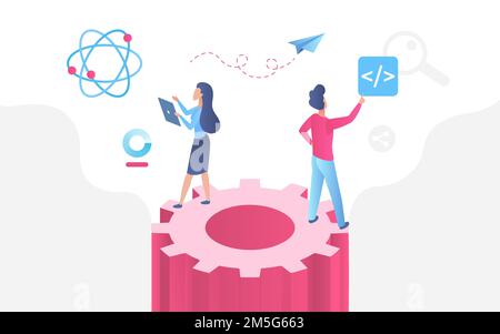 Working process abstract technology vector illustration. Cartoon man woman analyst office workers characters standing on big gear, using mobile device Stock Vector