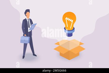 Business idea, insight in work concept vector illustration. Cartoon businessman character holding tablet and briefcase, standing next to light bulb cr Stock Vector
