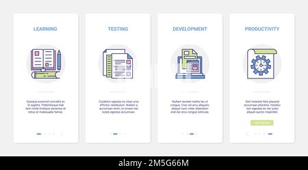 Creative education processes vector illustration. UX, UI onboarding mobile app page screen set with line quality productivity in development of creati Stock Vector