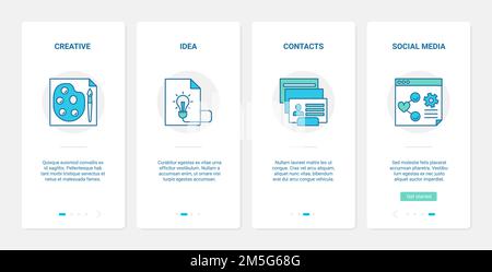 Business project creation in social media vector illustration. UX, UI onboarding mobile app page screen set with line creative ideas for content blog Stock Vector