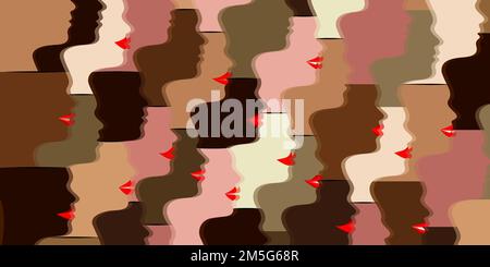 National diverse or racial concept. Face silhouettes with different skin tones. Women's faces are smiling and look in the same direction. Stock Vector