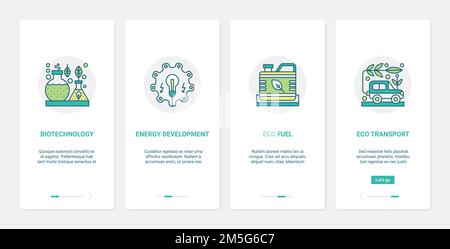 Biotechnology science eco technology vector illustration. UX, UI onboarding mobile app page screen set with line scientific research for environmental Stock Vector