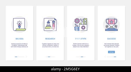 Big idea research education processes vector illustration. UX, UI onboarding mobile app page screen set with line creative science progress in test ex Stock Vector