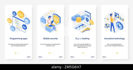 Security digital banking innovative technology isometric vector illustration. UX, UI onboarding mobile app page screen set with 3d innovations in bank Stock Vector