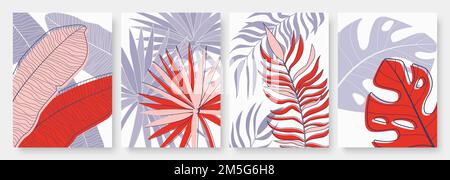 Abstract minimal tropical palm tree leaves vector illustration set. Minimalist hand drawn nature leaf, tropic beach, jungle or summer garden, vertical Stock Vector