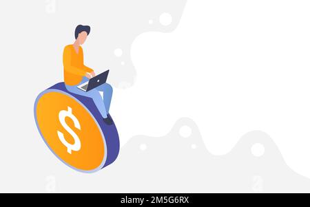 People make money online, finance profit, investment growth isometric vector illustration. Cartoon businessman investor character working with laptop, Stock Vector