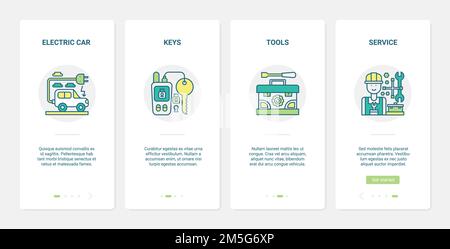 Car service center and tools vector illustration. UX, UI onboarding mobile app page screen set with line equipment and key for electric car automobile Stock Vector