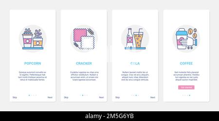 Fast food and drink takeaway menu vector illustration. UX, UI onboarding mobile app page screen set with line popcorn cracker cookies cola coffee beve Stock Vector