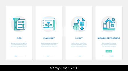 Business plan, development technology vector illustration. UX, UI onboarding mobile app page screen set with line planning and analysis of financial b Stock Vector