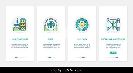 Car vehicle parts, automotive transport repair service vector illustration. UX, UI onboarding mobile app page screen set with line auto car shock abso Stock Vector