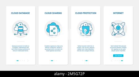 Cloud database protection, safety technology vector illustration. UX, UI onboarding mobile app page screen set with line modern safe network software Stock Vector