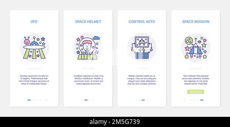 Video digital game, space mission vector illustration. UI, UX onboarding mobile app page screen set with line control gamepad for gamer, aliens ufo sp Stock Vector