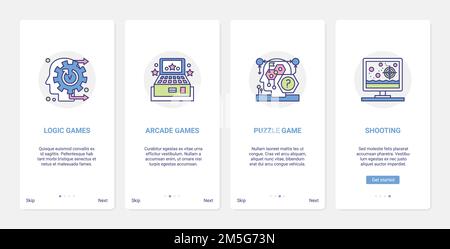 Video games entertainment genres vector illustration. UI, UX onboarding mobile app page screen set with line abstract human head playing logic and puz Stock Vector