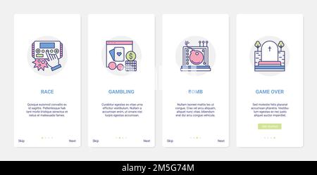 Video games entertainment vector illustration. UI, UX onboarding mobile app page screen set with line console controller for car race gaming, digital Stock Vector