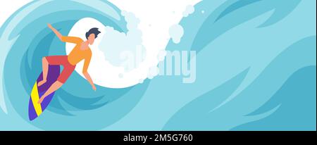 Summer vacation sport activity vector illustration. Cartoon young active sporty surfer man character standing on surfboard, surfing, floating on big s Stock Vector