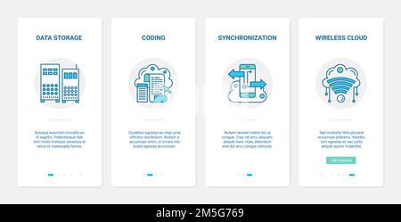 Cloud data storage service vector illustration. UX, UI onboarding mobile app page screen set with line online storing database information, transfer a Stock Vector