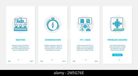 Business communication, meeting conference vector illustration. UX, UI onboarding mobile app page screen set with line corporate seminar training for Stock Vector