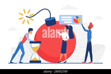 Bomb threat concept vector illustration. Cartoon business people team standing next to big bomb of terrorist with lit fuse and hourglass, little time Stock Vector