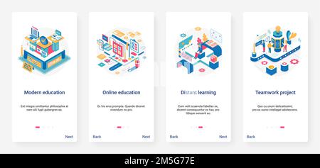 Modern online education, distance learning technology isometric vector illustration. UX, UI onboarding mobile app page screen set with 3d educational Stock Vector