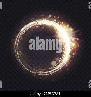 Gold luminous spark ring, abstract light frame effect vector illustration. Magic glowing round swirl lines with sparkling glitter particles, yellow fl Stock Vector