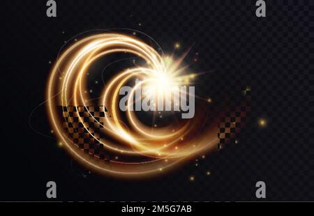Golden luminous swirl shape, abstract light effect vector illustration. Luxury sparkling neon trail of flying stars, shiny magic swirling gold spirals Stock Vector