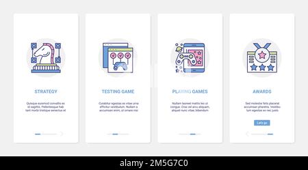 Video games entertainment technology vector illustration. UI, UX onboarding mobile app page screen set with line award medal for gamer player winner, Stock Vector