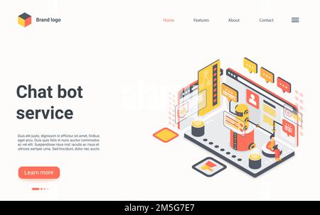 Chat bot service concept isometric vector illustration. Cartoon 3d chatbot virtual support, customer people chatting with ai robot, consulting in dial Stock Vector