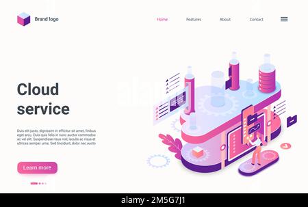 Cloud service storage concept isometric vector illustration. Cartoon 3d cloud computing data development, developer researching, analyzing, digital on Stock Vector