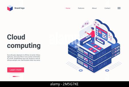 Cloud computing tech concept isometric vector illustration. Cartoon 3d admin engineer technician character working on computer or server host center, Stock Vector