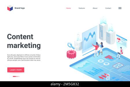 Content digital marketing research isometric vector illustration. Cartoon 3d marketer people in business analysis, development content strategy and ma Stock Vector