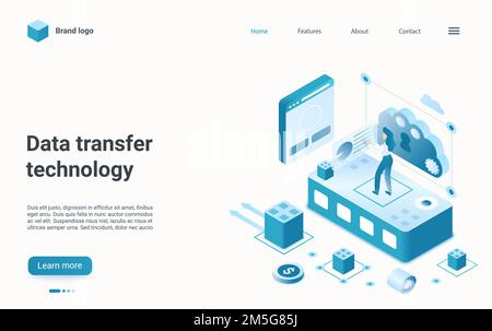 Data transfer, management internet technology isometric vector illustration. Cartoon 3d user character uploading digital documents, download and manag Stock Vector