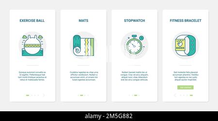 Sport equipment vector illustration. UX, UI onboarding mobile app page screen set with line yoga mat in gym, fitness sports exercise ball, fitness bra Stock Vector