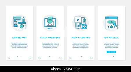 Website ecommerce internet technology vector illustration. UX, UI onboarding mobile app page screen set with line email and video digital marketing, p Stock Vector