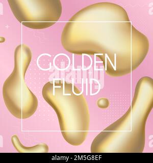 Gold liquid splash abstract shapes and luminous drops, 3d yellow shiny metal fluid drop bubble shaped elements with golden melt surface, glossy glitte Stock Vector
