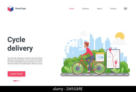 Cycle delivery vector illustration. Cartoon man courier cyclist character riding bicycle with postal box parcel working in post service of modern city Stock Vector
