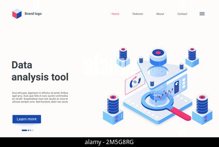 Data analysis equipment tools isometric vector illustration. Cartoon 3d abstract machine analyzing report of data information, business automation of Stock Vector