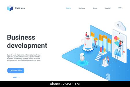 Business development concept isometric vector illustration. Cartoon businessman developer character team working on analytics, teamwork on digital dat Stock Vector