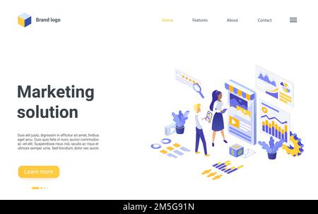 Digital marketing solution isometric vector illustration. Cartoon 3d people developer marketer team working on development strategy and business plan, Stock Vector