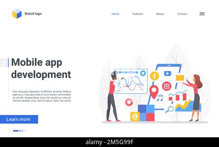 Mobile app development vector illustration. Cartoon developer designer people create develop application content, manage graphic data on smartphone sc Stock Vector
