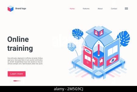 Online training education technology isometric vector illustration. Cartoon 3d digital educational student process, abstract machine with books in mob Stock Vector