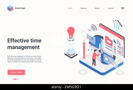 Effective time management isometric vector illustration. Cartoon 3d employee manager character working to organize and control time for work tasks in Stock Vector