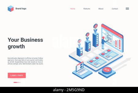 Business growth isometric vector illustration. Cartoon businessman character standing with workstation, using graphical interface to success solve bus Stock Vector