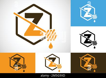 Initial letter Z with honeycomb bees logo design vector illustration. Honey logo font emblem Stock Vector