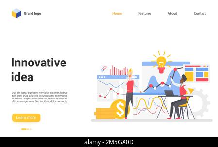 Innovative business idea teamwork vector illustration. Cartoon businessman analyst characters working on creative financial analytics solutions, team Stock Vector